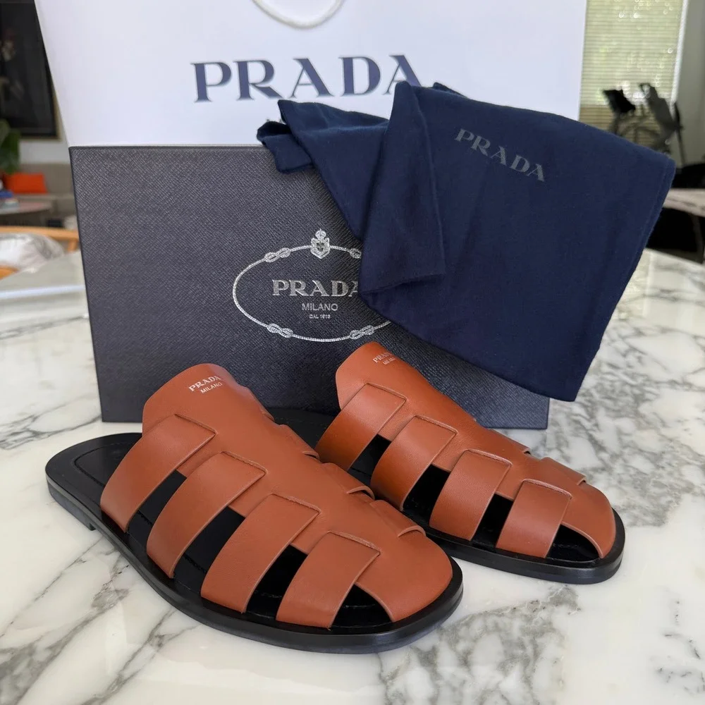 Prada 2X3145 Cognac Leather Fisherman's Mules Sandals Shoes, Sz. US 8.5 (UK 7.5)